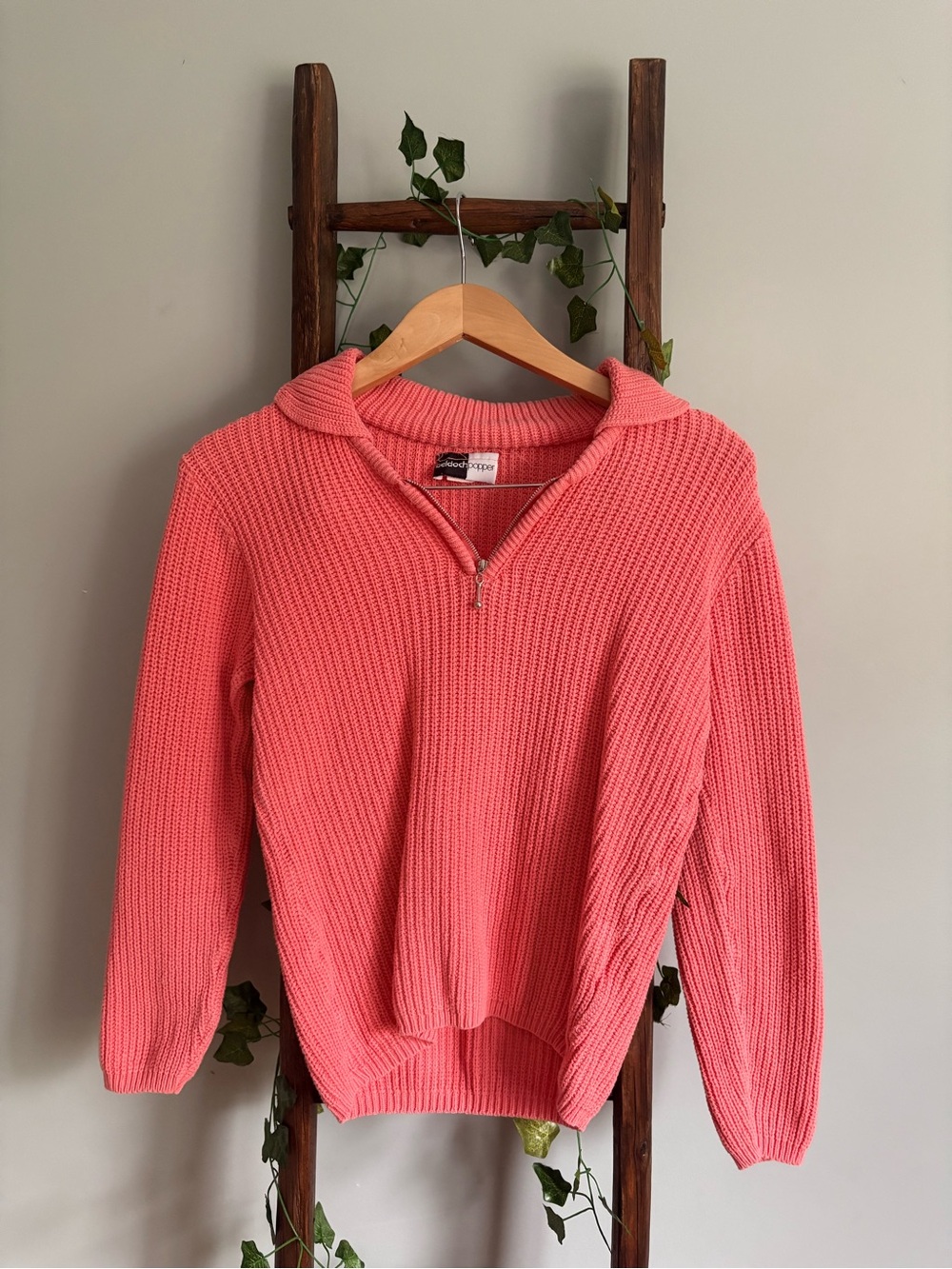 Vintage 1990s Coral Half-Zip Knit Sweater Hoodie